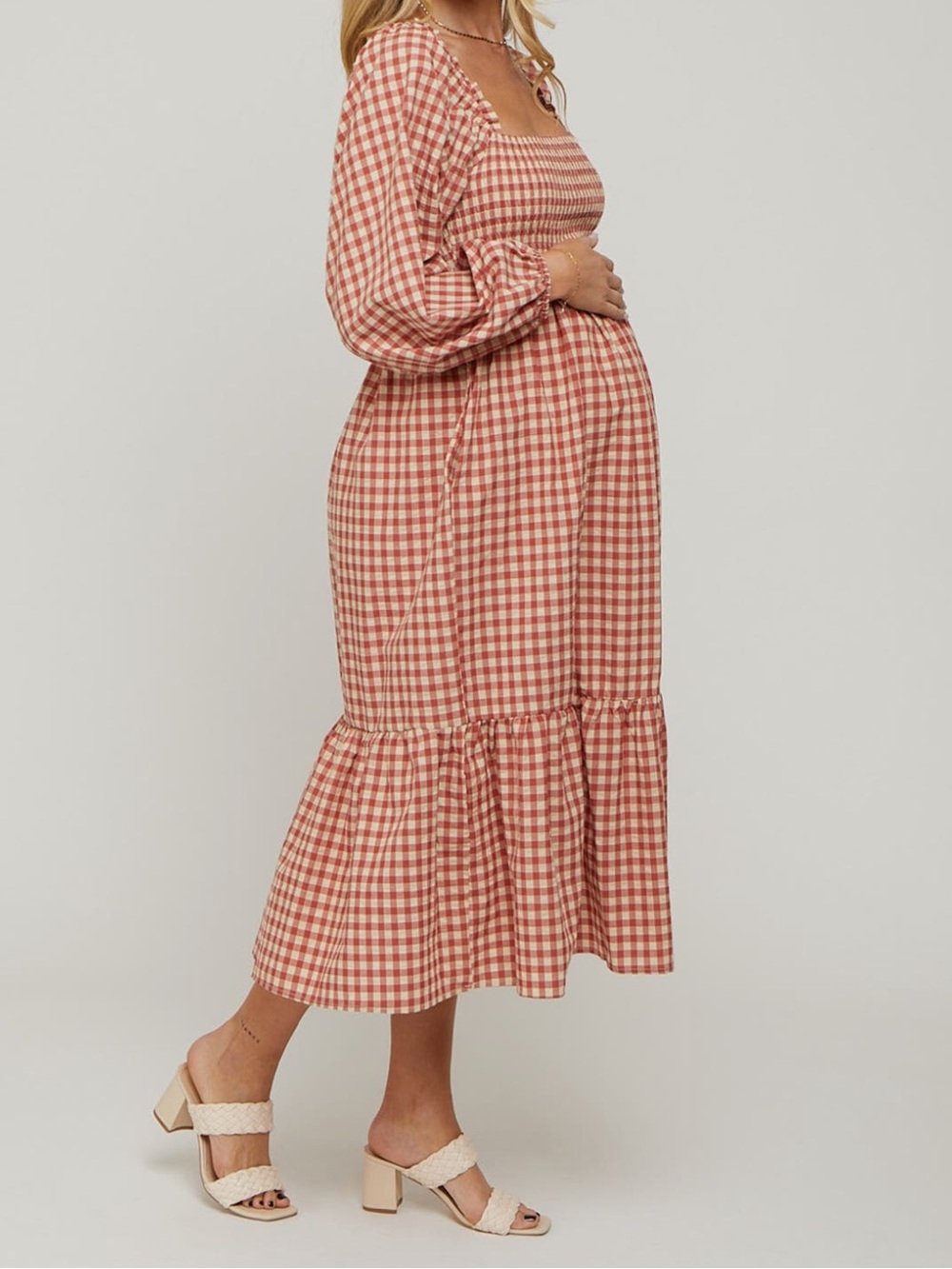 Pink Blush Maternity Gingham Long Sleeve Midi Dress - Picture 4 of 4